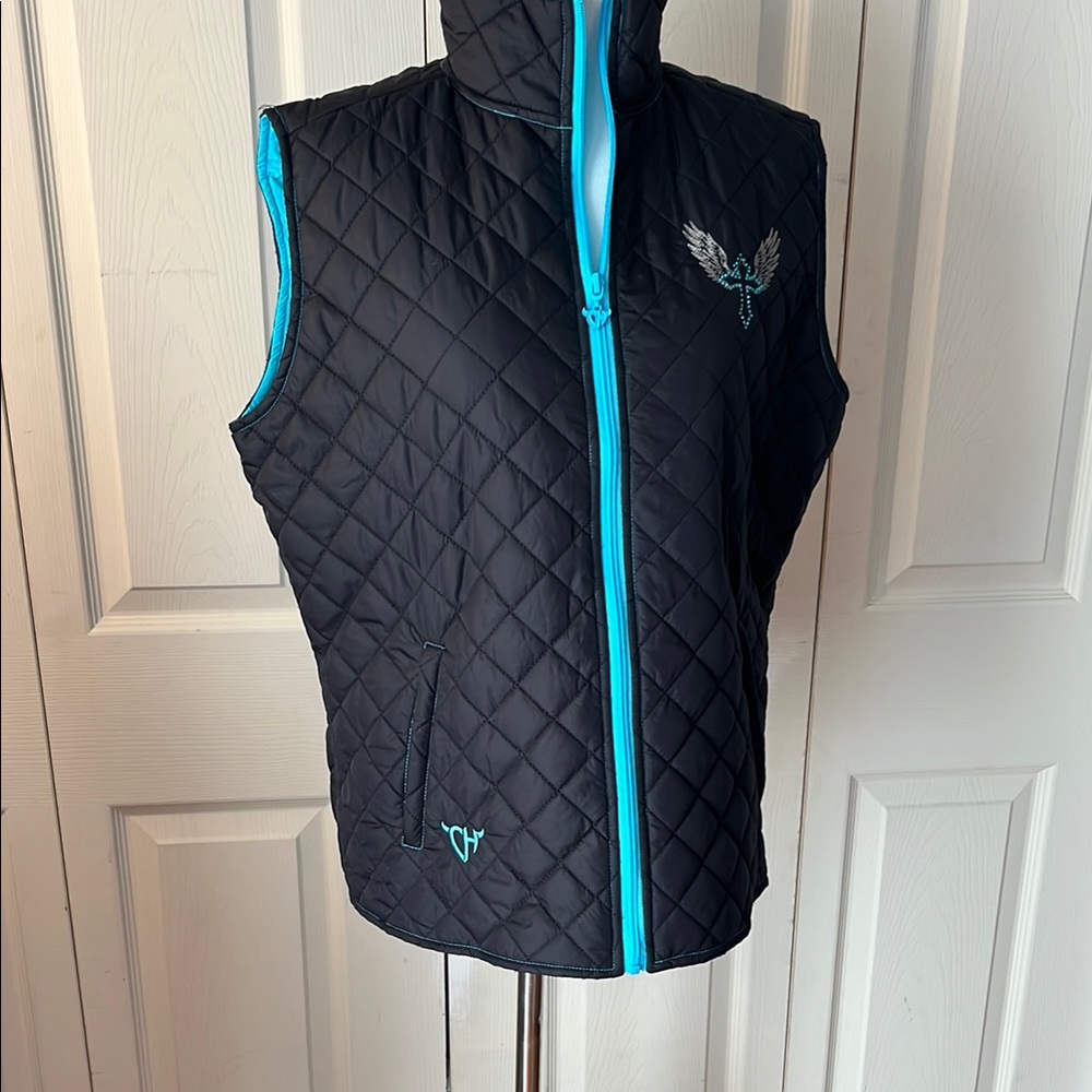 Women's Black Quilted Vest with Teal Trim